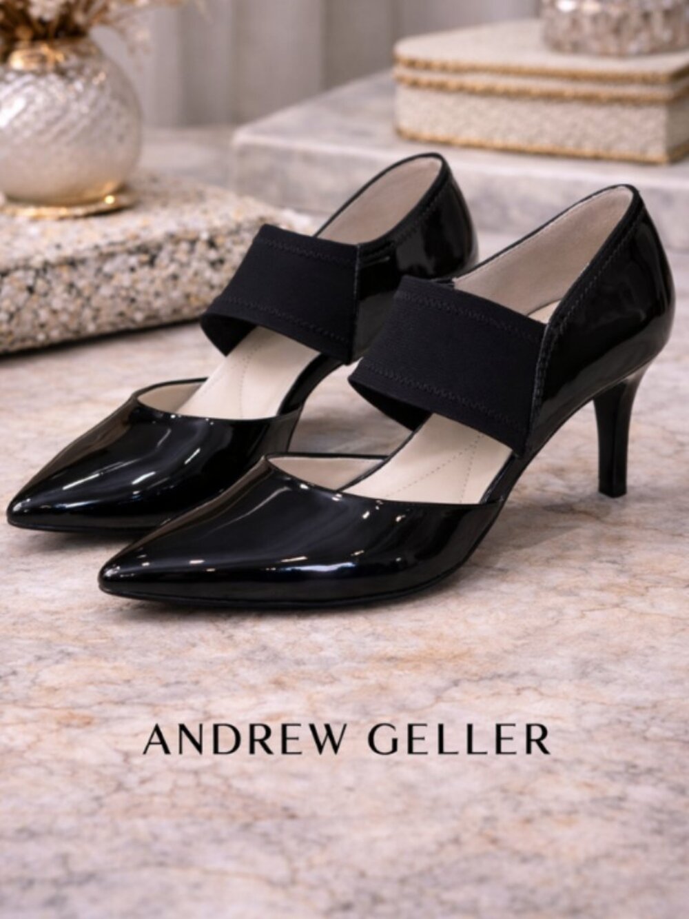 Andrew Geller Tibby Black Patent Heel Pumps Size 8 Pointed Toe Ankle Strap